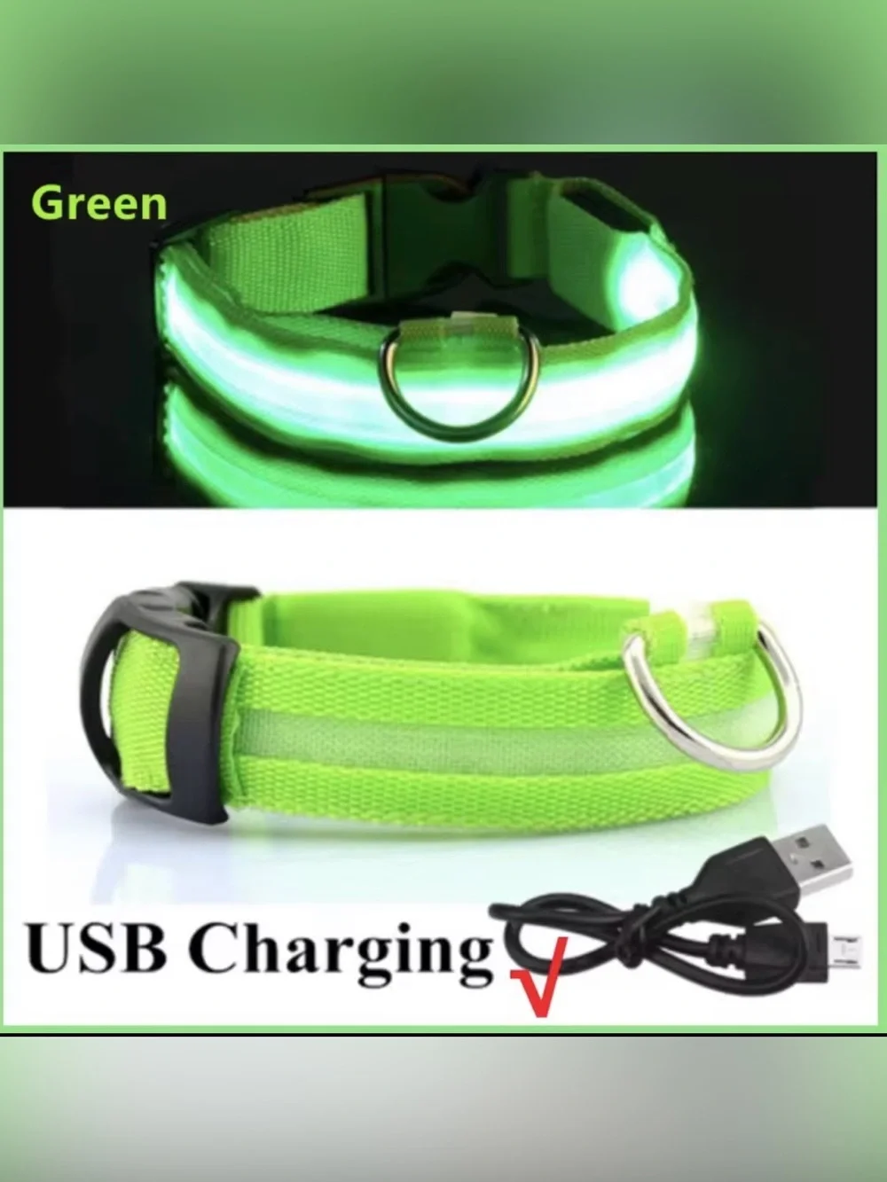 LED Dog Collar Light Up USB Rechargeable Night Safety Glow High Vis Green Size L
